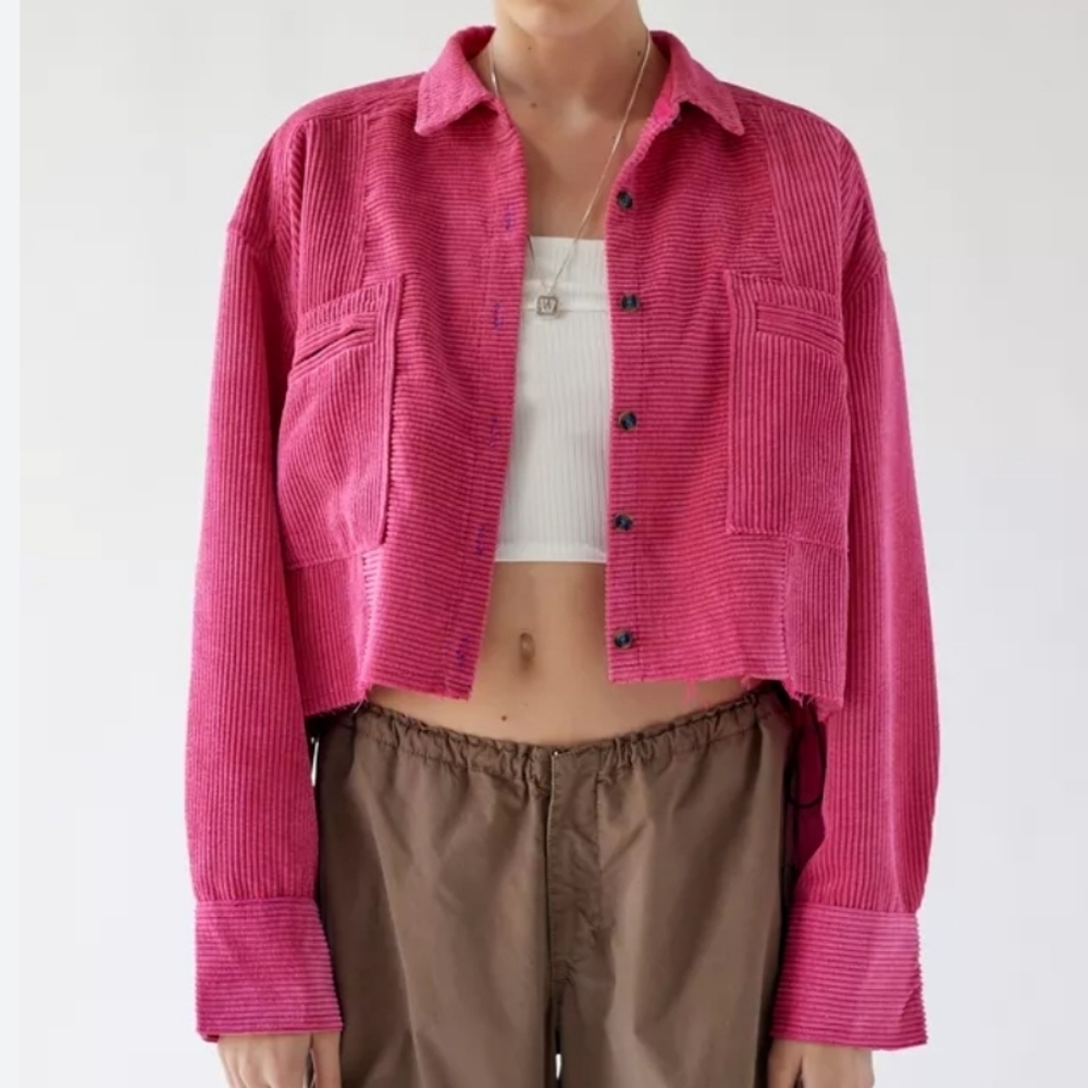 Urban Outfitters BDG Hot Pink Corduroy Cropped Distressed Denim Jacket NEW